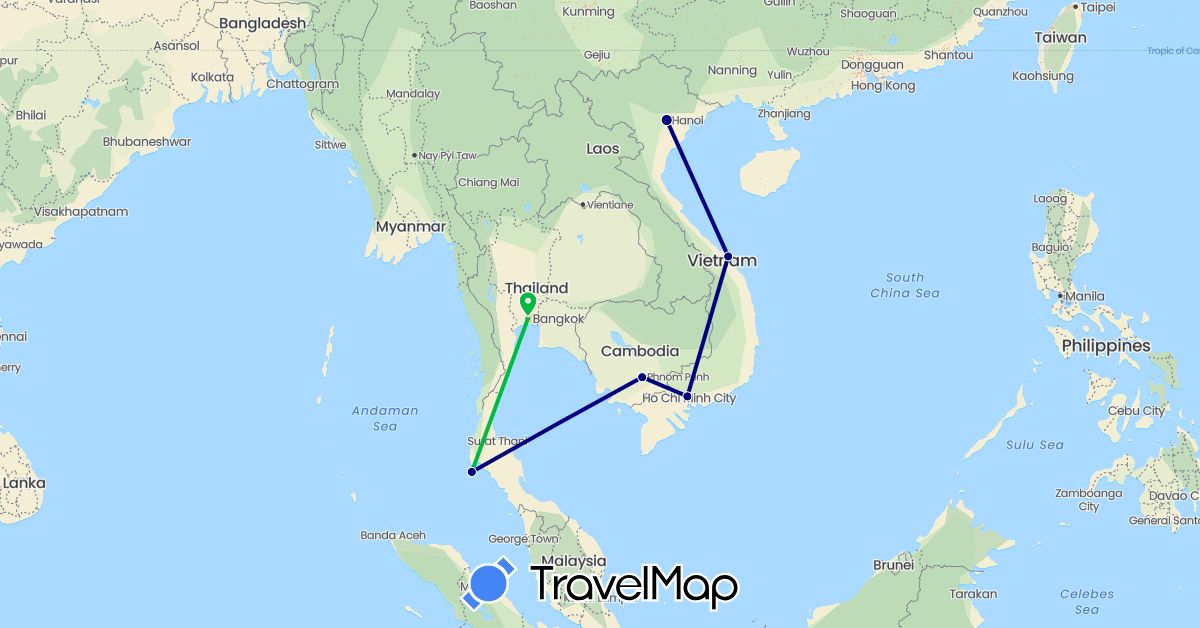 TravelMap itinerary: driving, bus in Cambodia, Thailand, Vietnam (Asia)